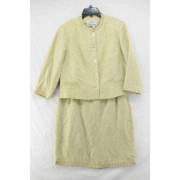 Rickie Freeman For Teri Jon Blazer Skirt 2pc Set sz 14 Green Linen Silk Career - Picture 1 of 13